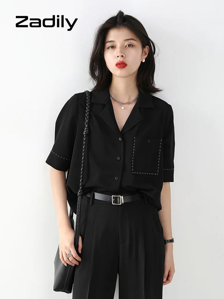 Женский минималистичный стильный черный шифоновый топ с коротким рукавом летняя