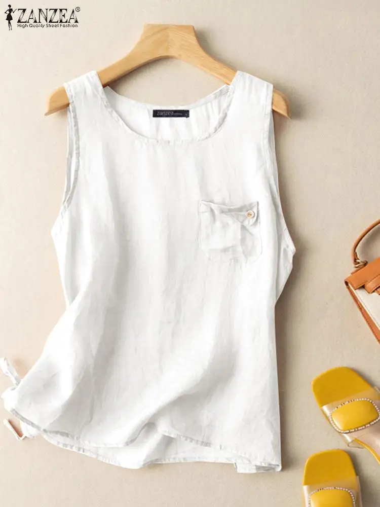 

2022 ZANZEA Sleeveless Solid O-Neck Blouse Summer Tanks Tops Holiday Loose Women's Blusas Elegant Fashion Oversized Shirt Camis