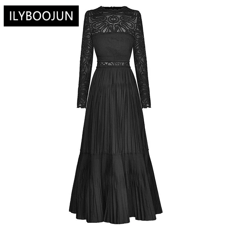 Dresses For Women 2023 Runway Luxury Brand Elegant High Quality Spring O-Neck Long Sleeve Hollow Out Black lace Pleated Dress