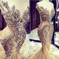 2022 luxury gold evening dresses lace crystal beads sequin sweep train formal bridal pageant prom gowns custom made