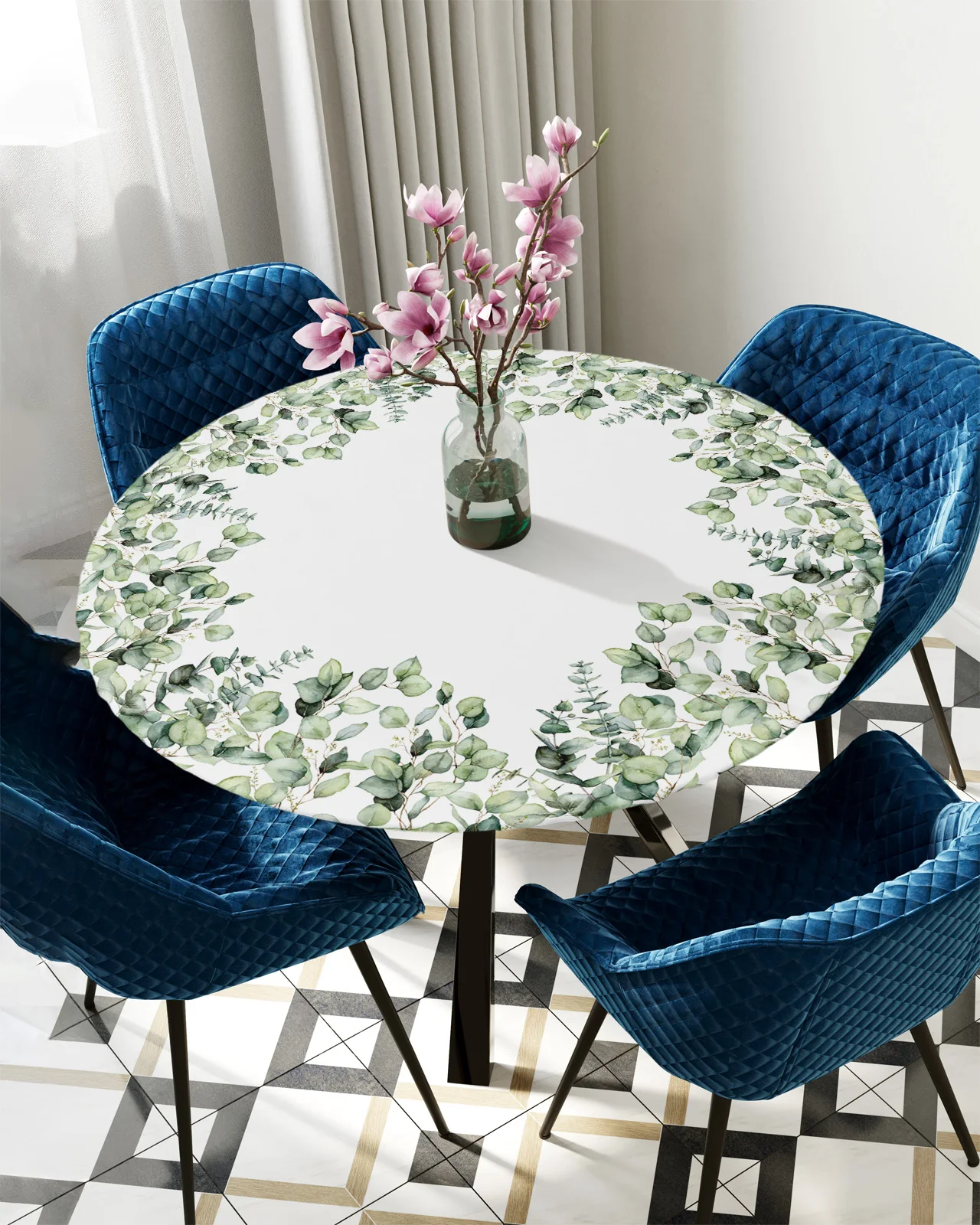 

Eucalyptus Leaves Round Table Cover Kitchen Waterproof Tablecloth Christmas Table Decor Elastic Tablecloth