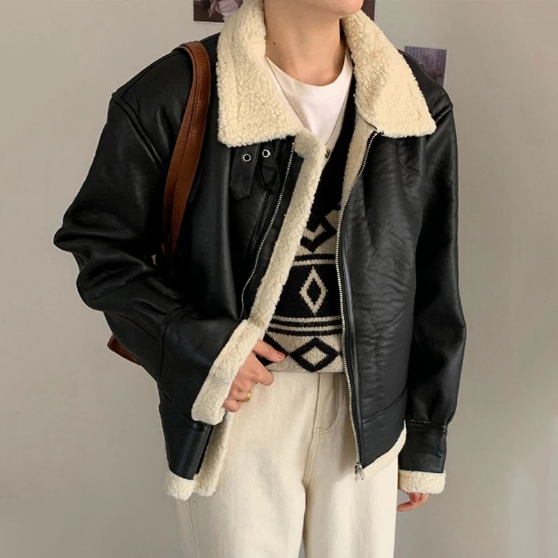 Faux Fur Coat Women Fall Winter Jacket 2022 New Loose Warm Lambswool Thicken Locomotive Lapel Female Coat PU Outerwear