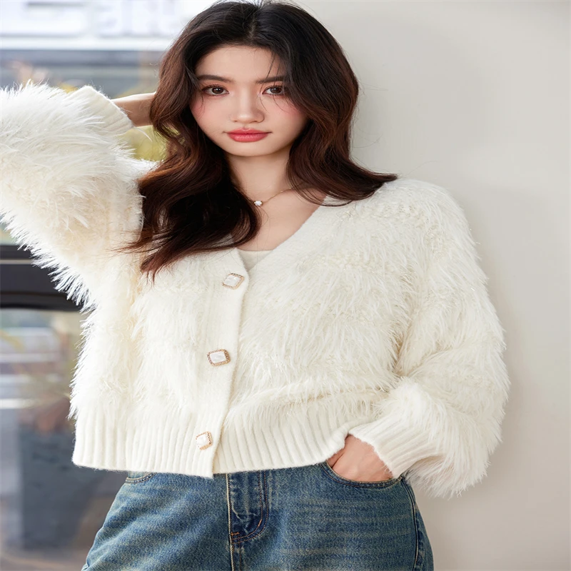 Осенне-зимний модный вязаный кардиган с v-образным вырезом женский ленивый стиль