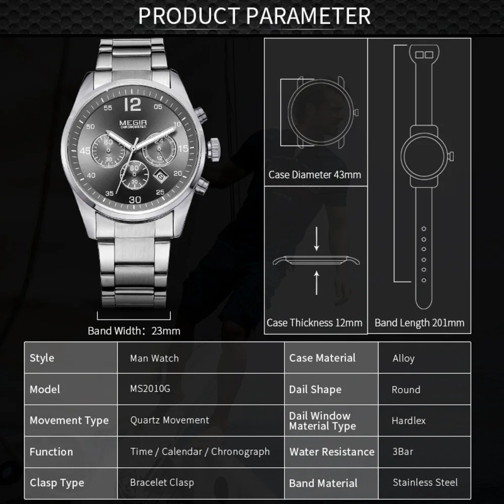 Часы наручные MEGIR мужские с хронографом брендовые деловые повседневные