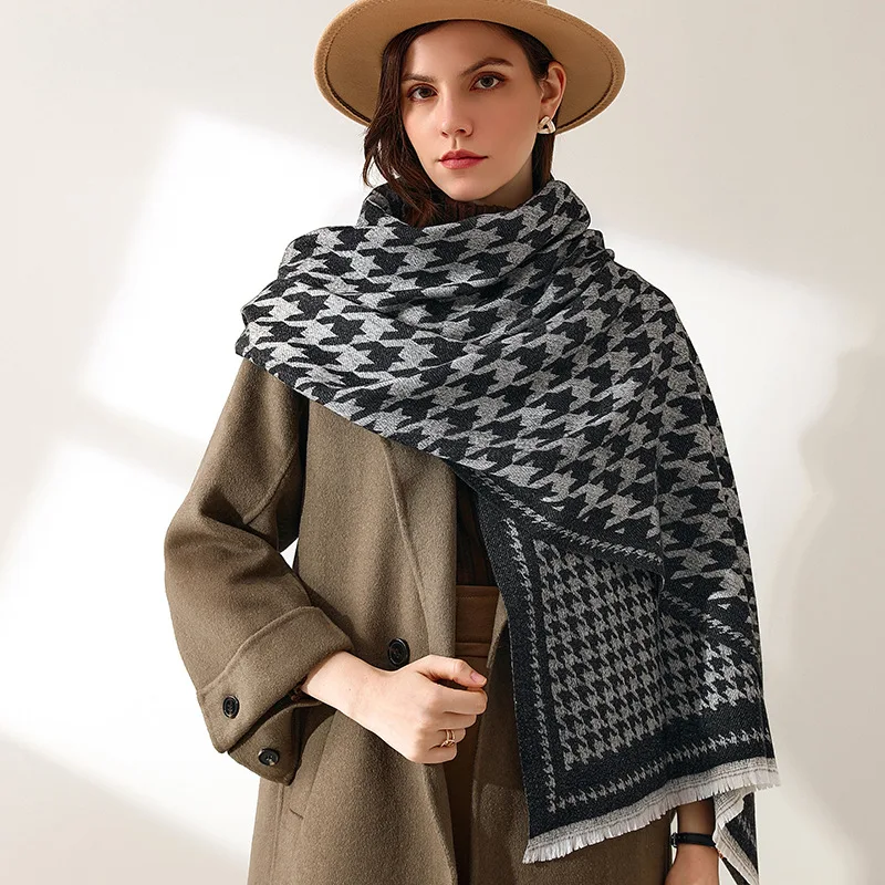 

Fashion Houndstooth Print Cashmere Scarf for Women Shawl Thick Blanket Winter Warm Wraps Pashmina Square Stoles Bufanda 2022