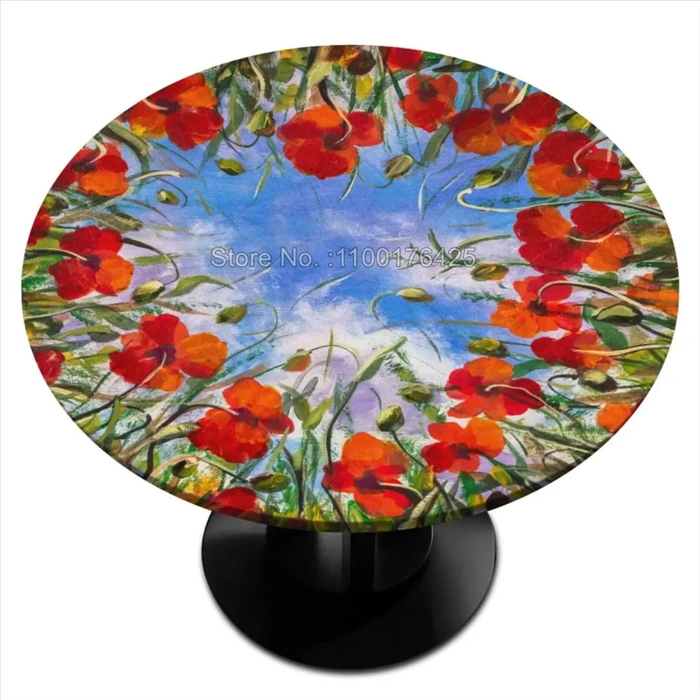 Красная круглая скатерть с цветочным рисунком и эластичными краями