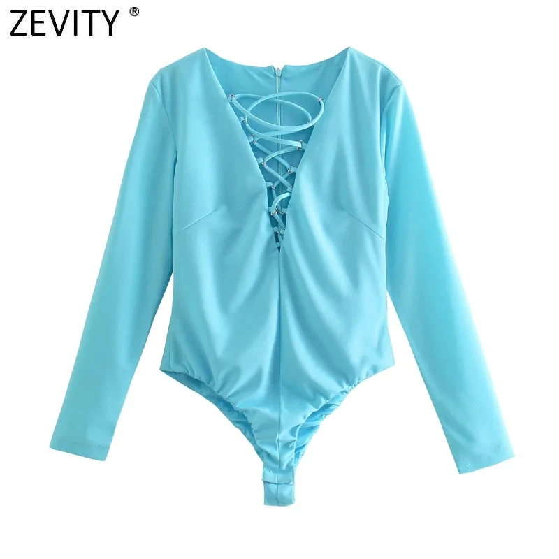 Zevity Women Sexy V Neck Ring Robe Bandage Slim Bodysuits Ladies Chic Two Colors Streetwear Club Party Playsuits Rompers LS9945
