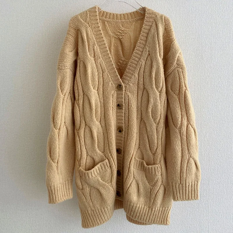 

2023 Autumn Cashmere Wool Blend Women's Sweater Loose Lazy Style V-neck Single Breasted 2 Pockets Mid Length Cardigan Coat Top