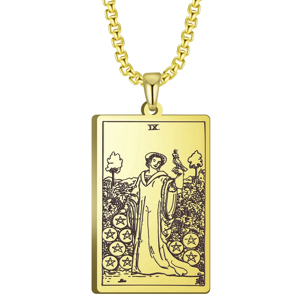 

3 Colors Black Color Gold Color Steel Color 24x40mm Tarot Nine Of Pentacles Pendant Necklace With 60cm Box Chain