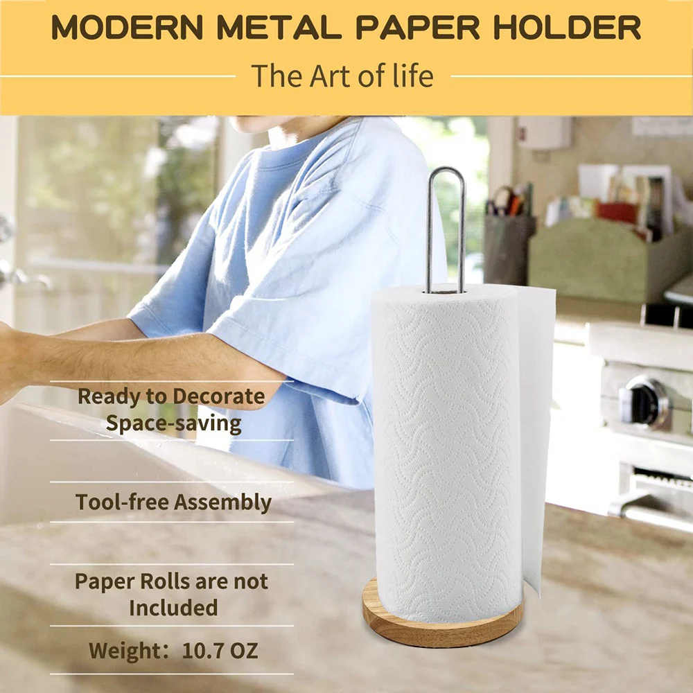 

Kitchen Paper Towel Metal Wire with Wood Base for Countertop Roll Stand Easy to Install Waterproof Tissue Storage Rack ארגוניות