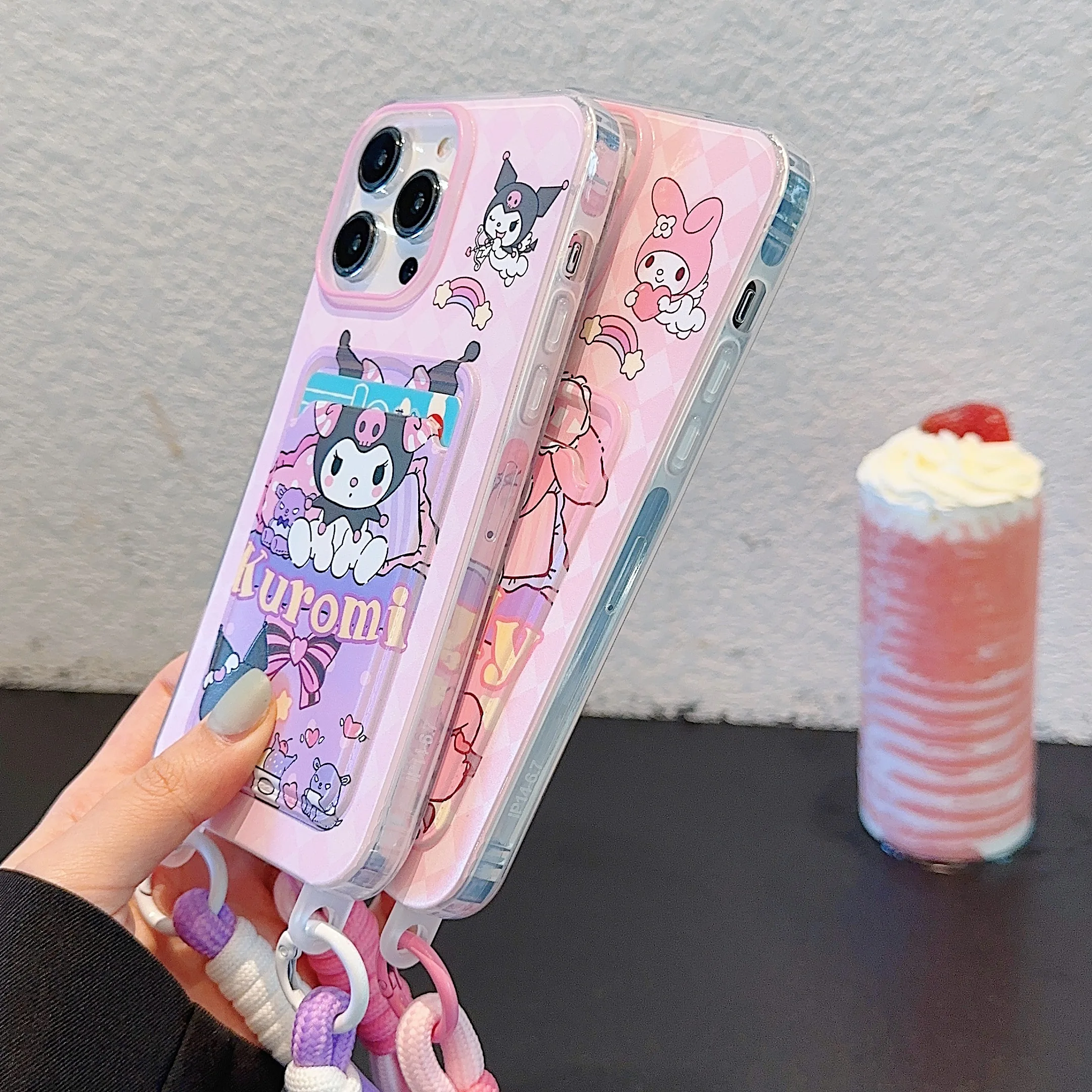 Sanrio милый чехол-кошелек Hello Kitty Kuromi с карманом для карт и ремешком на руку iPhone 16 15 14