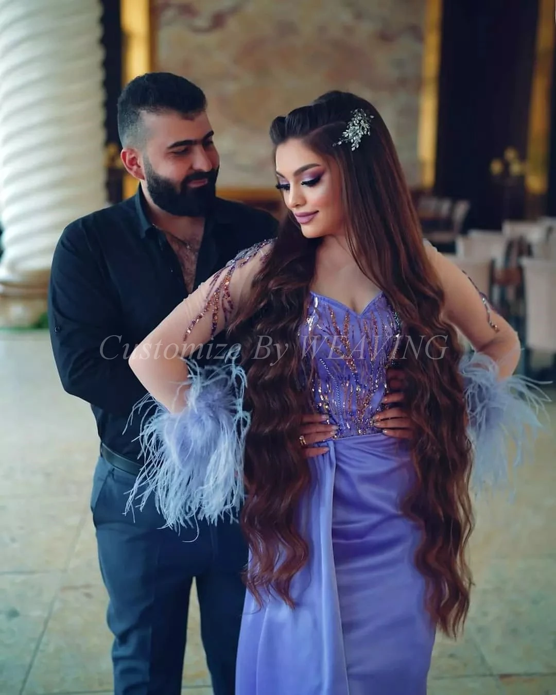 

Purple Satin Long Sleeves Prom Dresses V Neck Beadings Feathers Side Split Floor Length Saudi Arabic Women Evening Party Dress