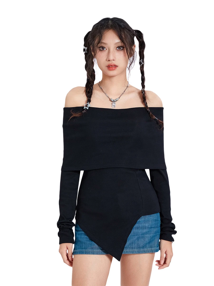 

Y2K Women Spring Fall Off Shoulder Ruched Tops Black Irregular Hem Long Sleeve Tight Shirt for Teen Daily Going Out