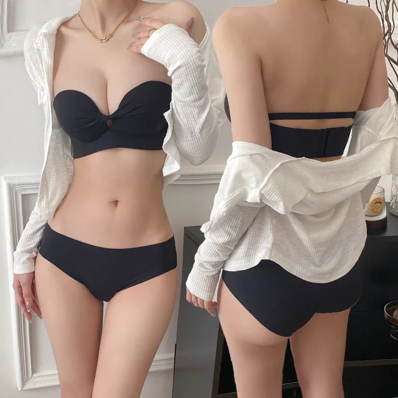 

Модное нижнее белье без бретелек с чашкой 1/2, удобное нижнее белье без стальных колец, комплект с бюстгальтером с маленькой грудью и боковыми складками