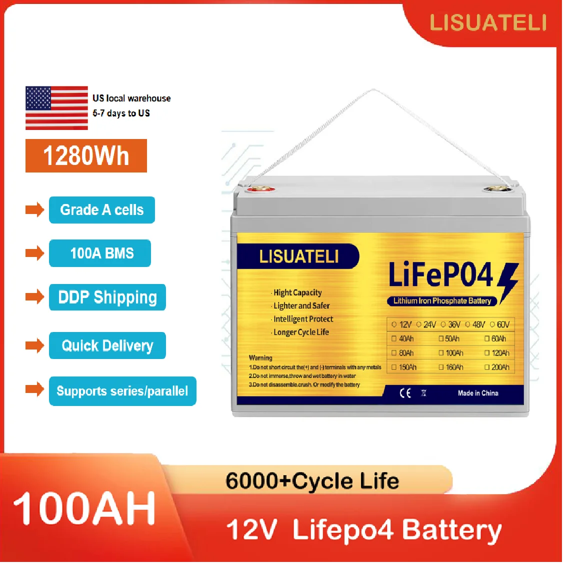 

12V 100Ah Lifepo4 Battery Built in BMS 6000+ Deep Cycles Lithium Battery For RV Campers Golf Cart Off-Road Off-grid Solar Wind