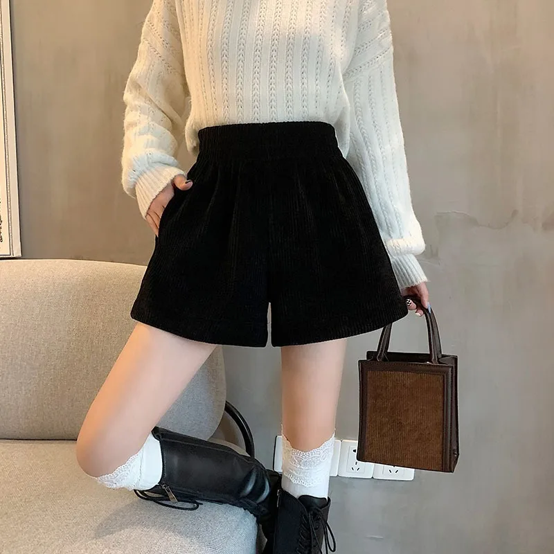 Corduroy Shorts for Women Summer Korean Fashion Casual Loose Wide Leg Elastic Waist Shorts All-match Ladies Streetwear Bottoms