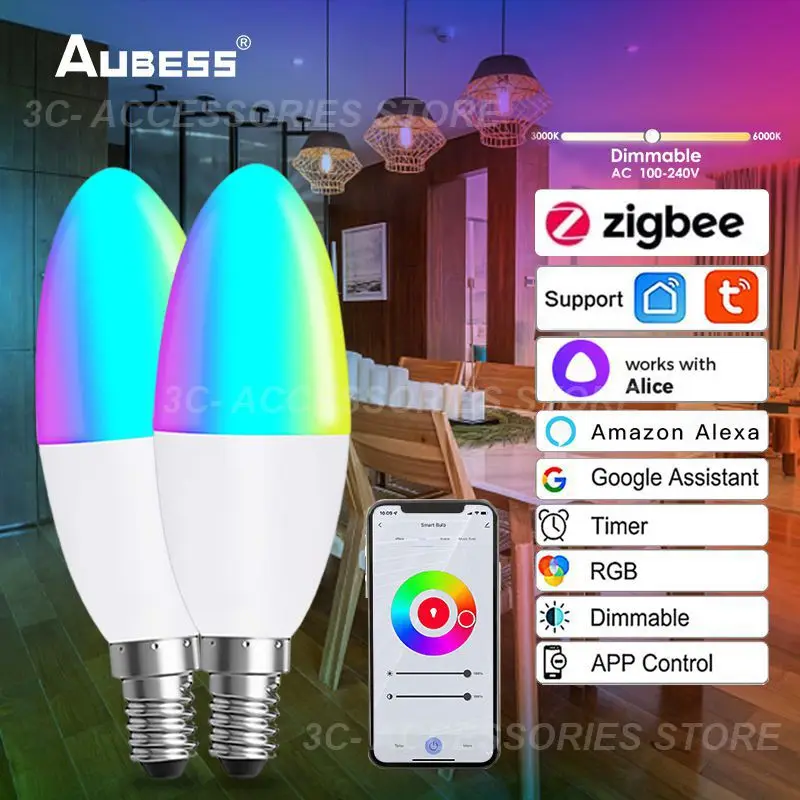 

5w Smart Light Bulb Voice Control Zigbee Smart Lamp Smart Home E14 Led Bulb Rgbcw Candle Light Bulbs Tuya Zigbee Dimmable