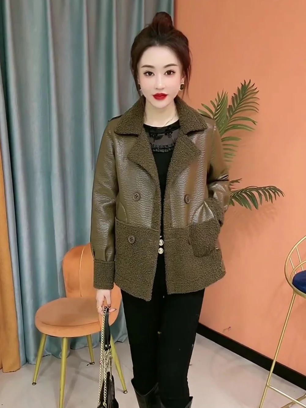 Bow Double-sided Wear Warm Leather Coat Outerwear Women Autumn and Winter New Versitile Fashion Short Patchwork Leather jacket