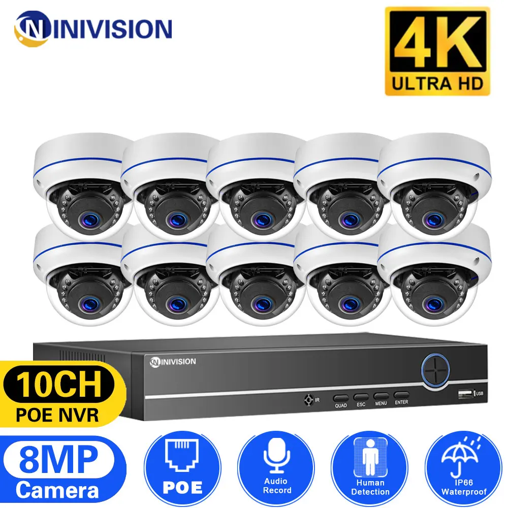 

4K 8MP H.265 Video Surveillance Set 8Ports NVR 2/4/6/8/10 POE Dome Options Waterproof Audio Record CCTV Security Cam 10CH Kit