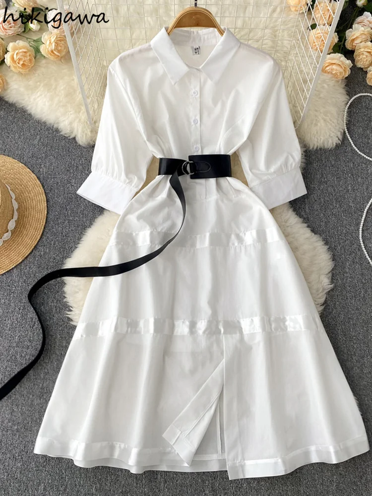 

Hikigawa Chic Fashion Woman Dress Summer 2022 Turn Down Collar Drawstring Robe Femme Dresses For Women Fashion Vestido Mujer