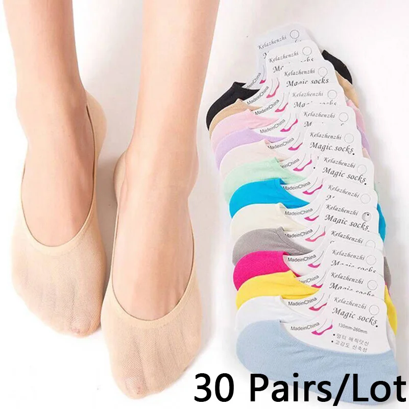 60pcs=30 Pairs/Lot Womens Summer Socks No Show Invisible Sox High Elastic Ladies Girl Sock Slippers Meias Wholesale Dropshipping