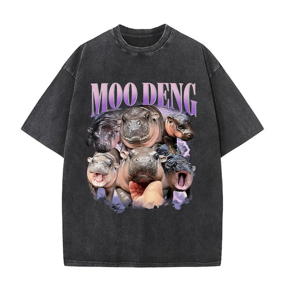 Moo Deng Become Ungovernable Pink Heart Baby Hippo Washed винтажные футболки мужские и женские модные