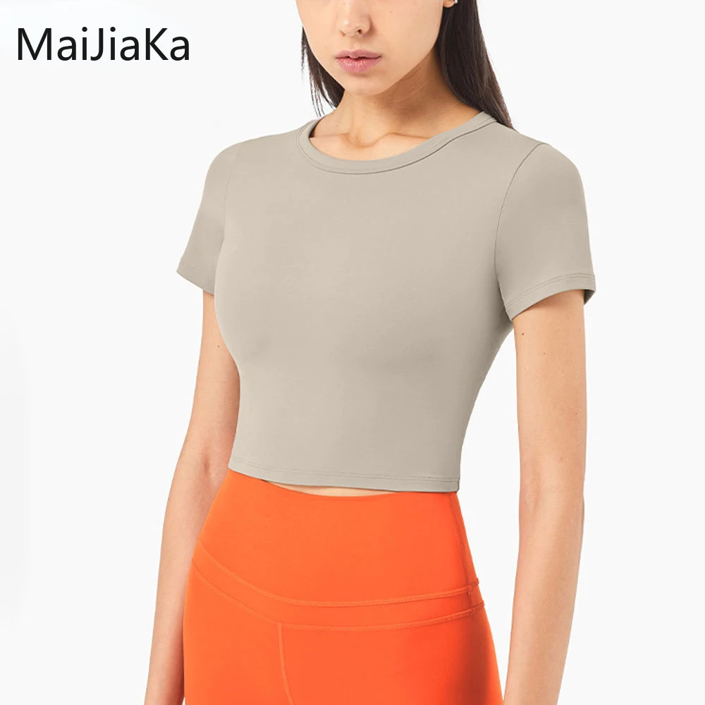 

Спортивный топ, женская рубашка с коротким рукавом для йоги, ткань без ощущений, женский эластичный пуловер для фитнеса и бега, блузка для тр...