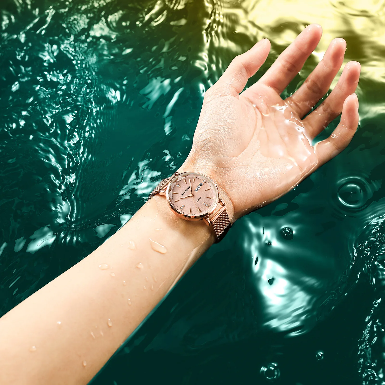POEDAGAR Fashion Waterproof Luminous Double Calendar Quartz Women's Watch Prism Mesh Strap Versatile Watch Sapphire Glass