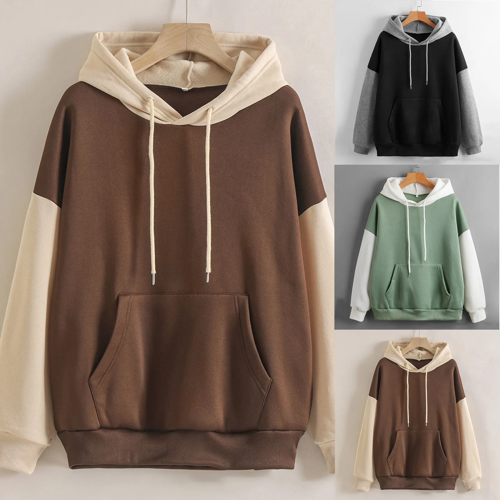 

Women Color Block Hoodies Sweatshirts Oversize Drawstring Long Sleeves Sweatshirts Ladies Autumn Winter Loose Pockets Sweatshirt