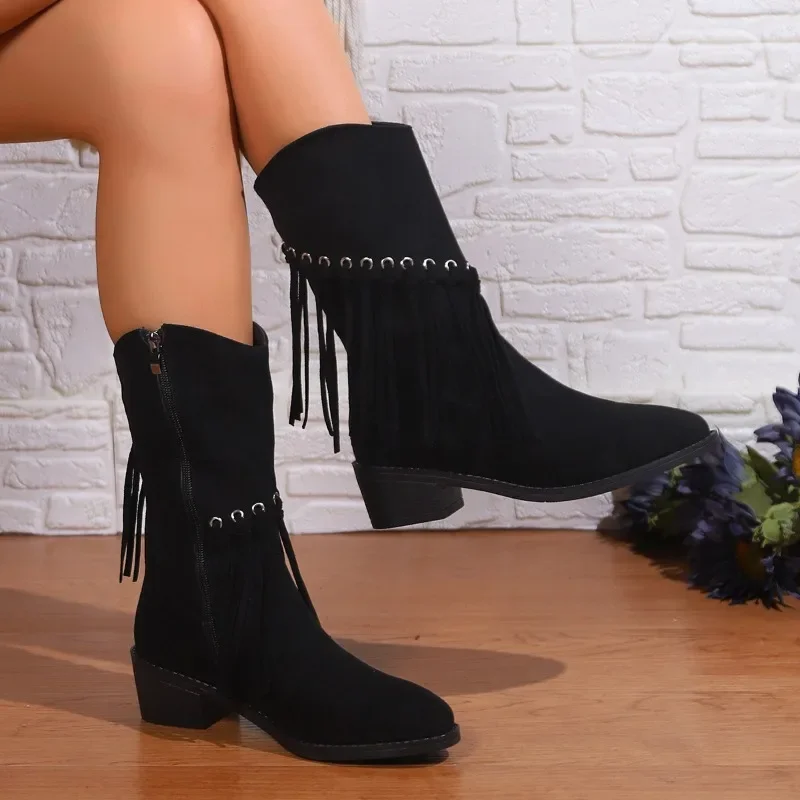 

Женские ботинки на молнии сбоку, Осенние замшевые однотонные ботинки с острым носком и бахромой, на среднем каблуке, большой размер, 2023