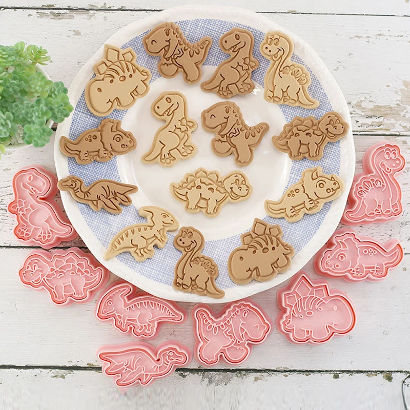 

8 Pcs/set Cookie Cutters Plastic 3D Dinosaur Shape Cartoon Pressable Biscuit Mold Cookie Stamp Kitchen Baking Pastry Bakeware