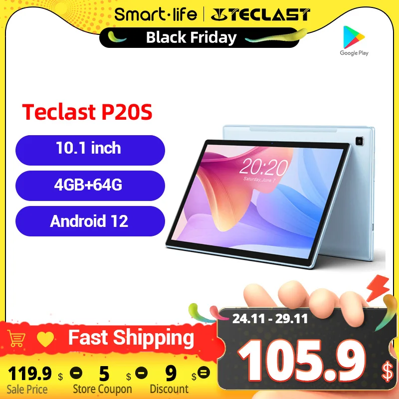 Teclast P20S 10.1 Inch 1280X800 IPS Tablet 4GB RAM 64GB ROM MTK P22 Octa Core Android 12 Dual Cameras Wifi GPS Type-C