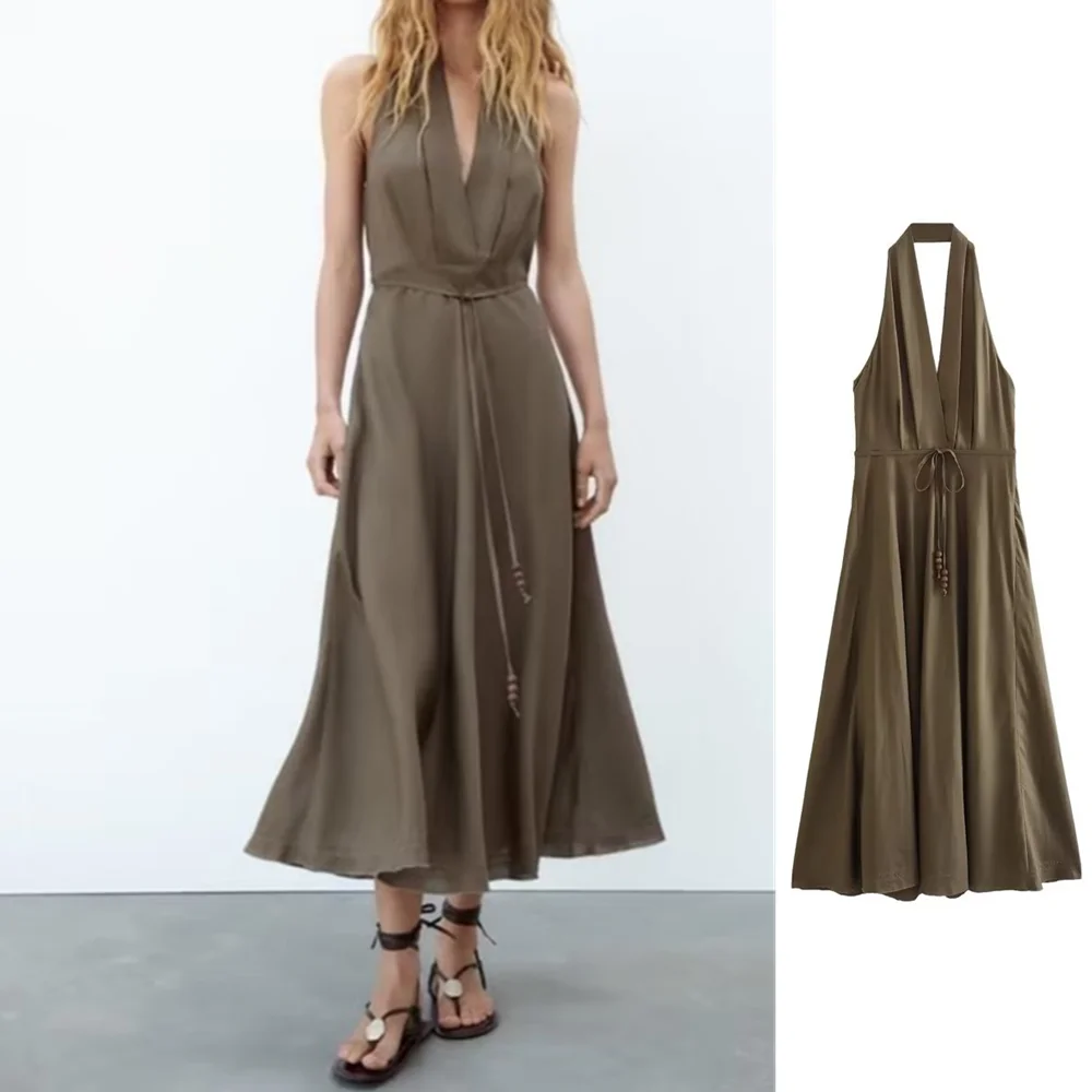 

UNIZERA 2023 Summer New Women's European and American Style Hanging Neck Open Back Linen Lace up Midi Dress 4786293