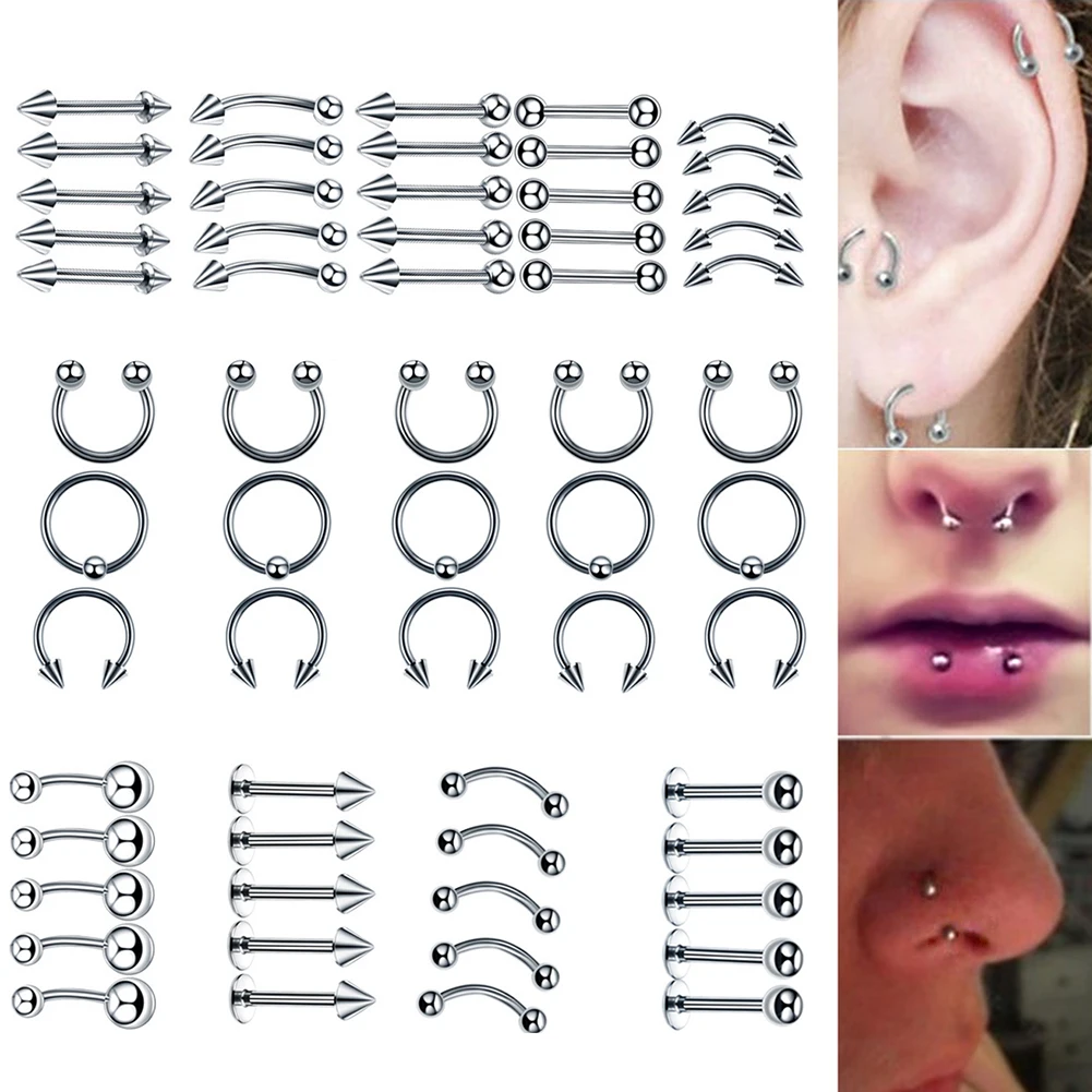 

60PCS Surgical Steel Body Piercing Jewelry Lot Bulk Nose Ring Tongue Bar Lot Eyebrow Labret Piercing Set Horseshoe Ring Lot Pack