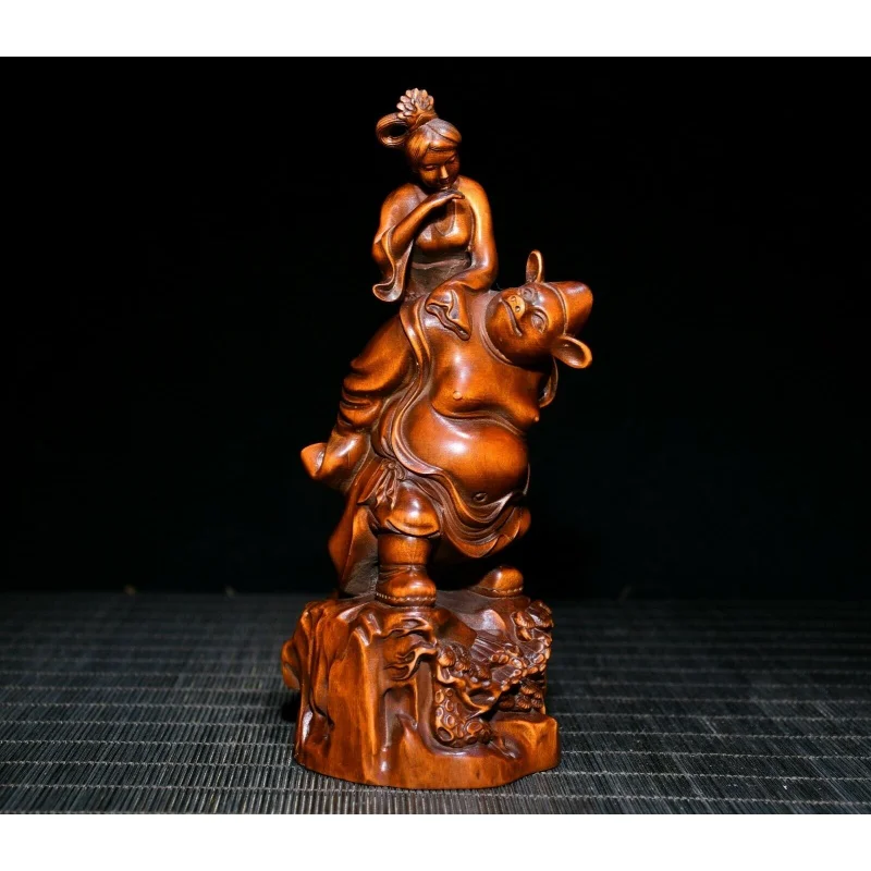 

Chinese Exquisite Natural Boxwood Handmade Character Pig Eight Ring Back Daughter-in-Law Statue