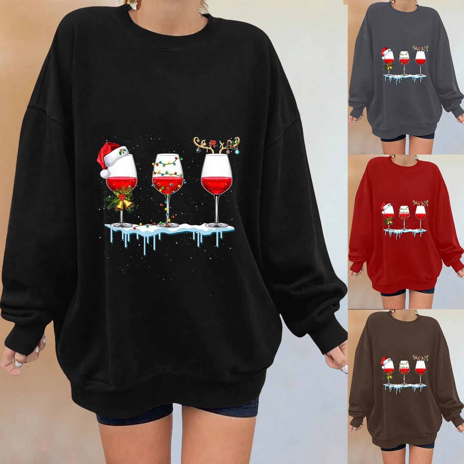 

Womens Casual Hoodless Sweatshirt Christmas Wine Glass Print Long Sleeve Pullover Sweatshirt Athlete Jacket Women