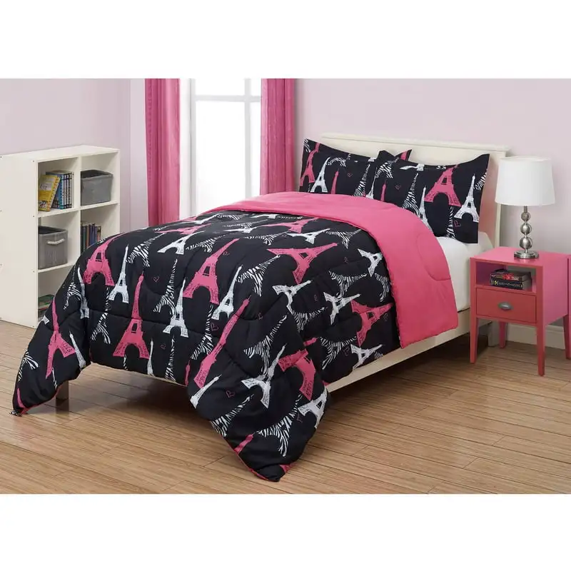 

2 Piece Pink and Black Paris Comforter Set, Twin