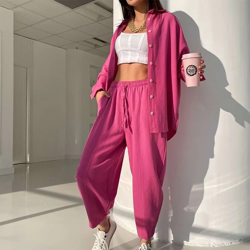 Casual Loose Long Sleeve Turn Down Collar Shirts Tops and Harem Pants Woman Clothing Fashion Single Breasted Solid Two Piece Set