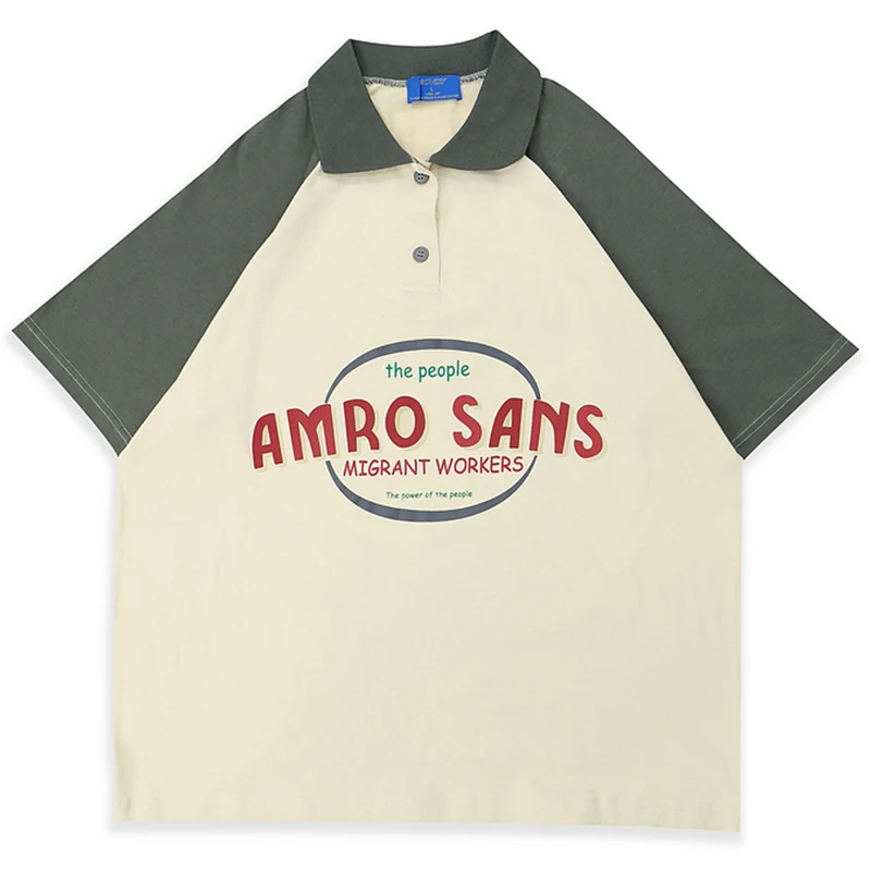 

Mens Letters Printing POLO Shirt Unisex Short Sleeve 100%Cotton Color Block T Shirts Female Oversize O-neck Loose Patchwork Tops