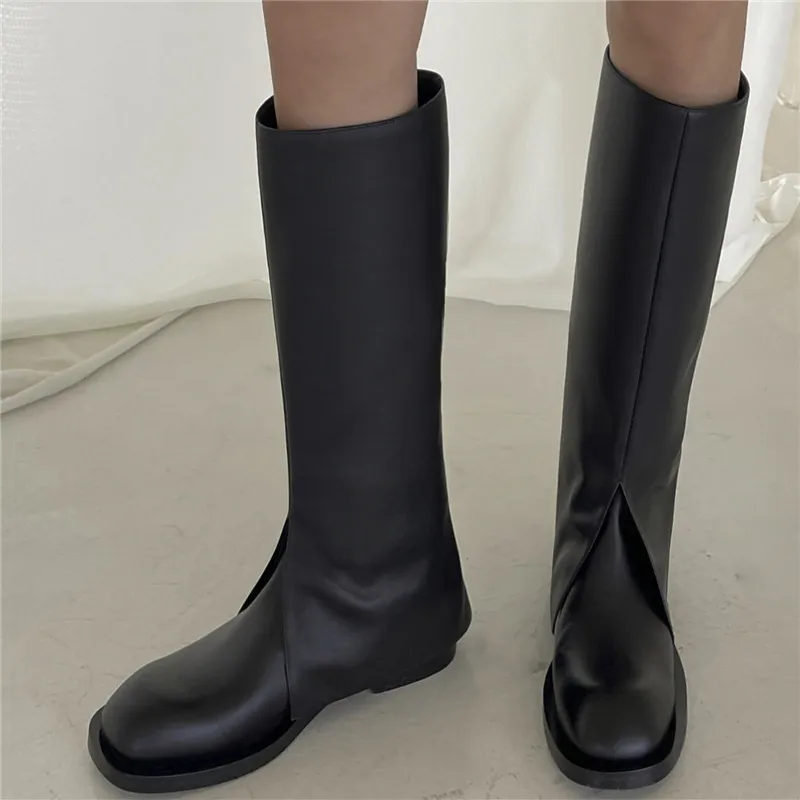 

Brand Ladies Flat Heel Boots Fashion Designer Winter Boots Genuine Leather Sexy Black Folding Knee Flat Boots Round Toe Boots