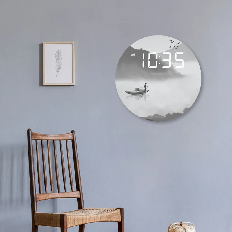 

Circular Wooden LED Digital Clock Living Room Creative Chinese Style Landscape Art Ink Painting Decorative Round Wall Clock