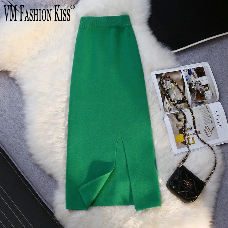 VM FASHION KISS 2022 New Solid Color Front Slit Sexy Knit Stretch Women's High Waist Slim Pack Hip Pencil Midi Skirt