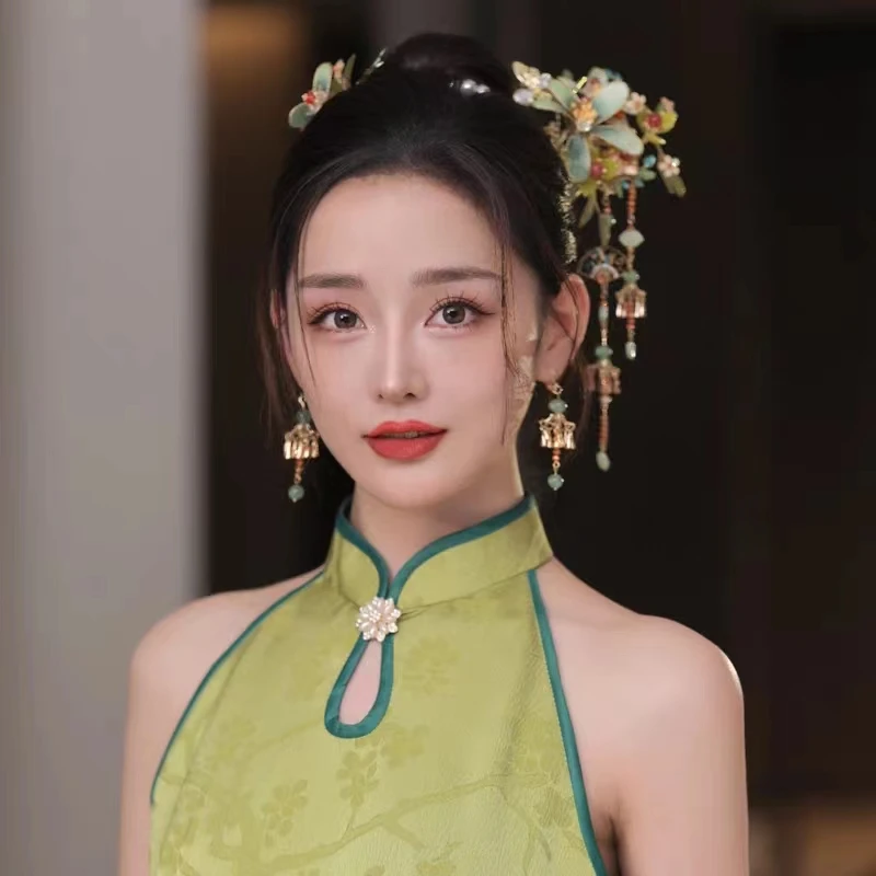 Заколка для волос NiuShuya в этническом стиле Классическая шпилька с зеленым цветком