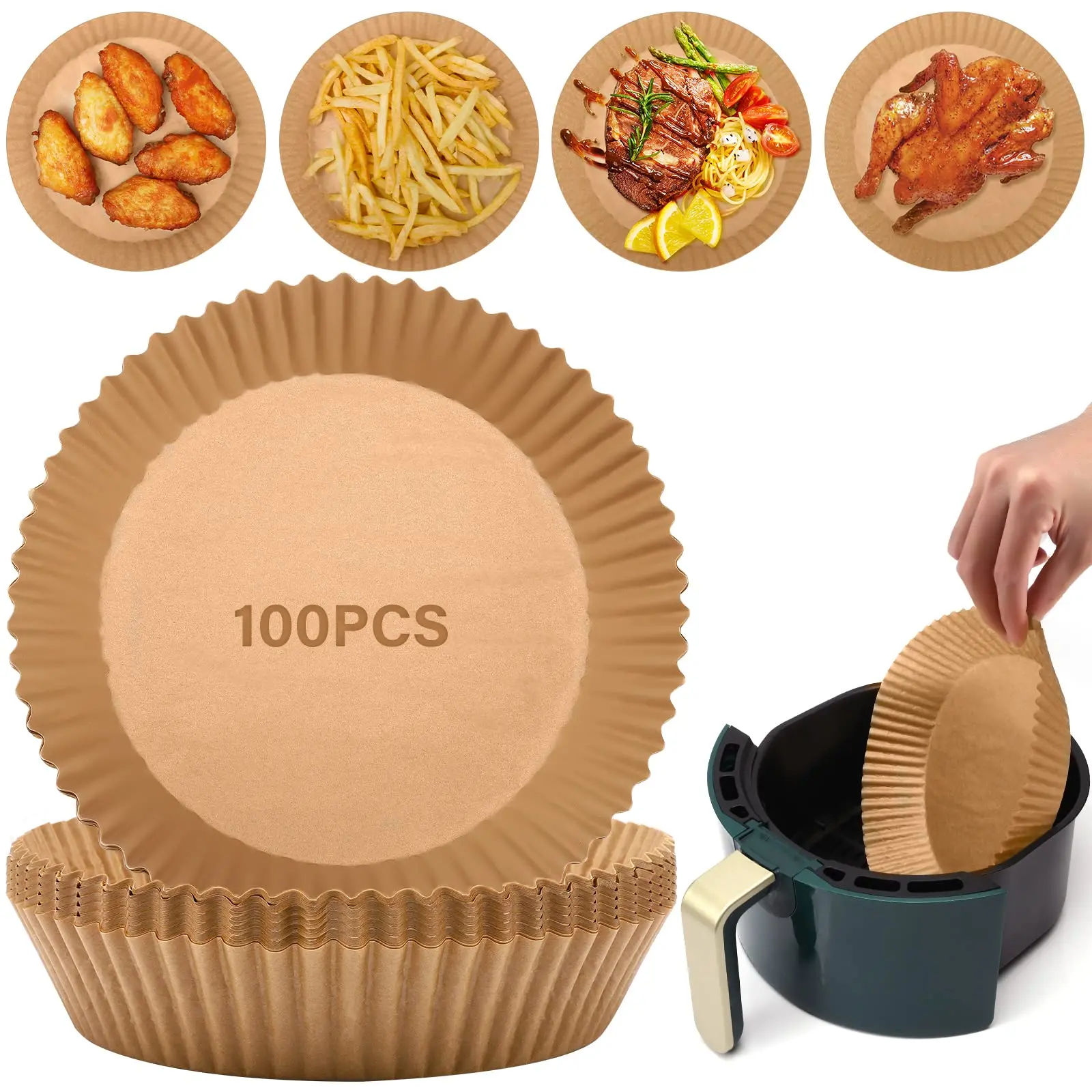 

100 Pcs Air Fryer Disposable Paper Liner, Food Grade Parchment Paper Air Fryer Liners Round for Baking Roasting Microwave