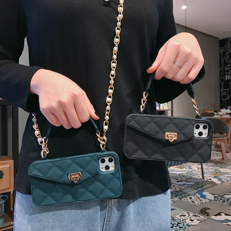 

Handbag Crossbody Case For iPhone 13 12 Mini 11 Pro Xs Max XR 6 8 7 Plus Card Slot Purse Silicone Cover with Strap Chain