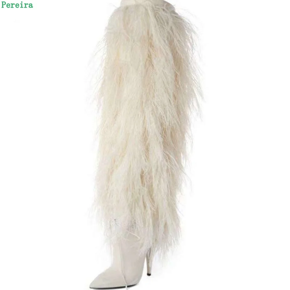 

White Furry Fashion Boots Women's 2022 Autumn Solid Pointed Toe Side Zipper Over The Knee Thin High Heel Sexy Catwalk Shoes