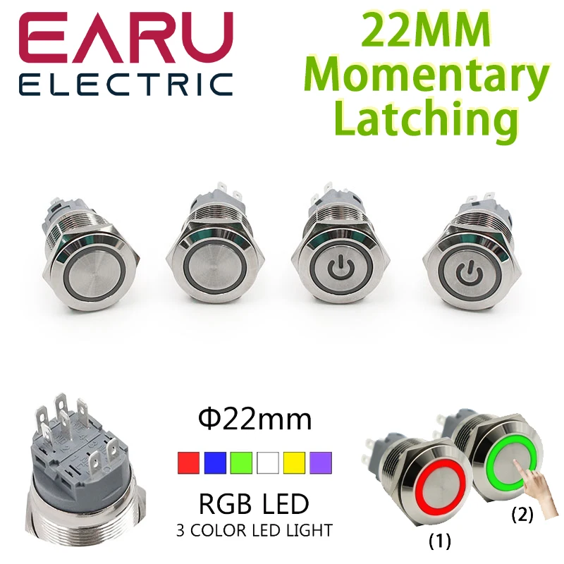 22mm 2 Dual 3 Triple Color RGB LED Light Switch Self-reset Fixation Waterproof Metal Push Button Switch Power 5V 12V 24V 220V
