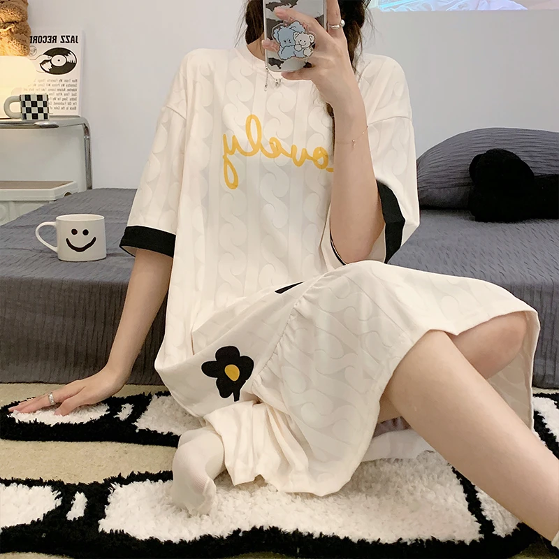 

Summer Women Nightdress Pajama For Adult Sweet Sleepwear Short Sleeve Cotton Pyjama Pour Femme Sleepshirts Flower Leisure Wear