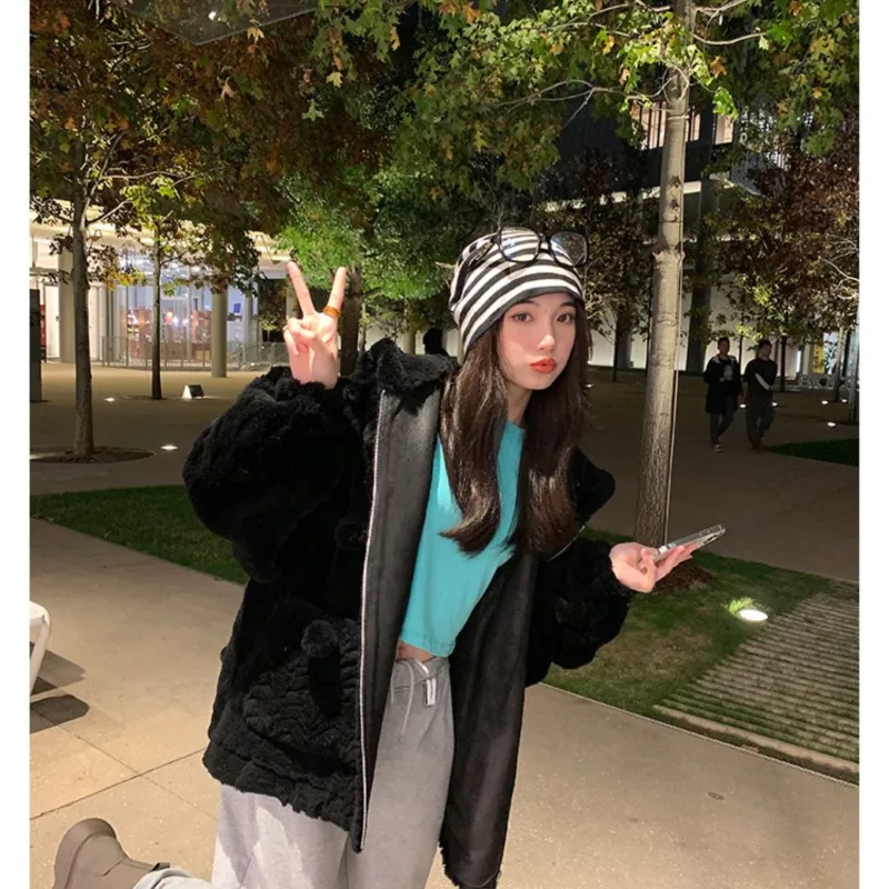 All Wool Grain Wool Coat Sheep Shearing Fur Coat Female Lamb Wool Snowball Fried Dough Twist Hooded Cute Snowball Twist Hooded