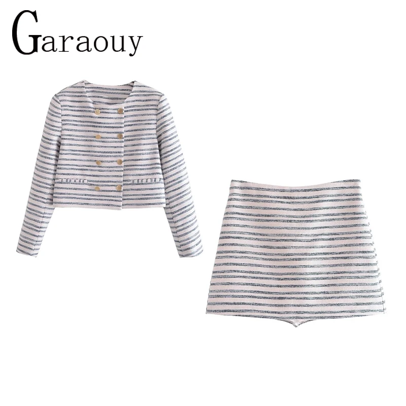 

Garaouy 2023 Spring Women's Short Tweed Blazer Chic Stripe Coats Female Office Suit Jacket Outwear + High Waist Skirt Culottes